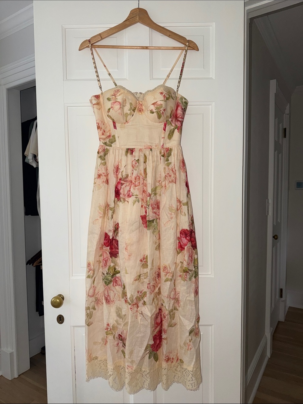 Zimmermann Cream Midi Dress with Pink Floral Print